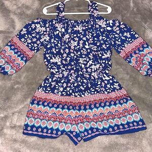 My Michelle Girls Blue and Orange Cold Shoulder *Romper*